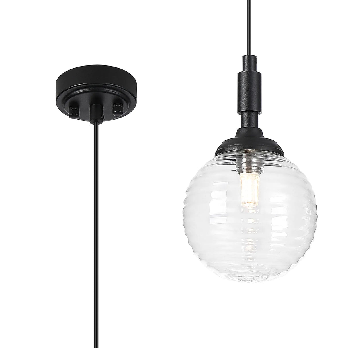 Bowles Pendant 1 Light IP44 Satin Black/Clear Ribbed Round Glass