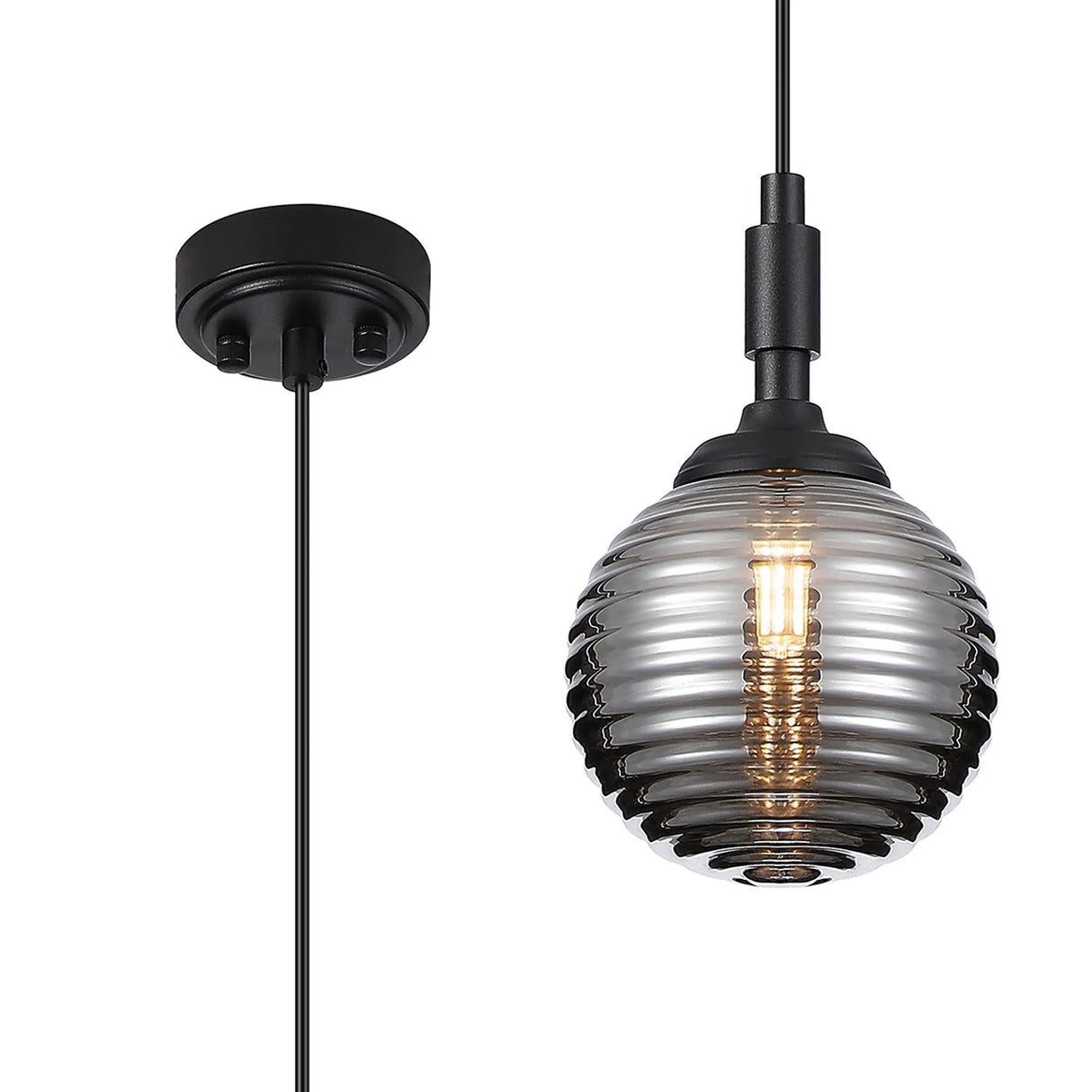 Bowles Pendant 1 Light IP44 Satin Black/Smoke Ribbed Round Glass