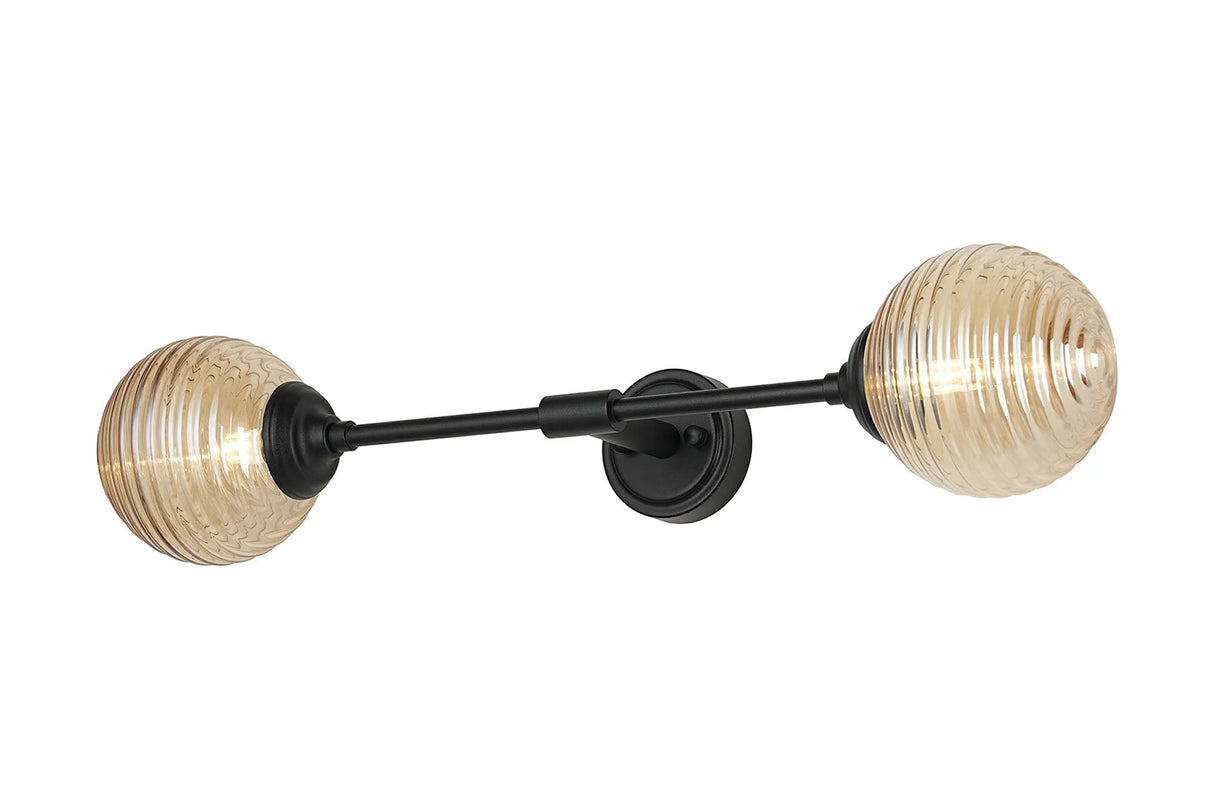 Bowles Ceiling/Wall Light Linear 2 Light IP44 Satin Black/Amber Ribbed Round Glass