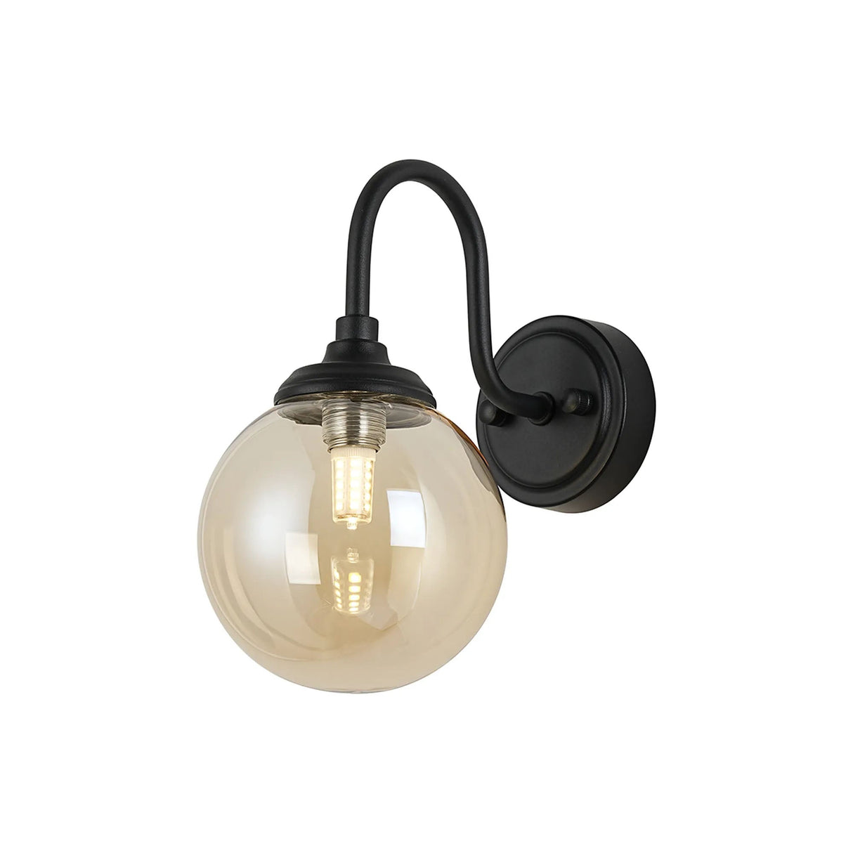 Bowles Curved Arm Wall Light 1 Light IP44 Satin Black/Amber Smooth Round Glass