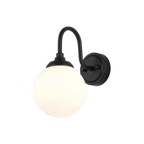 Bowles Curved Arm Wall Light 1 Light IP44 Satin Black/Opal Smooth Round Glass