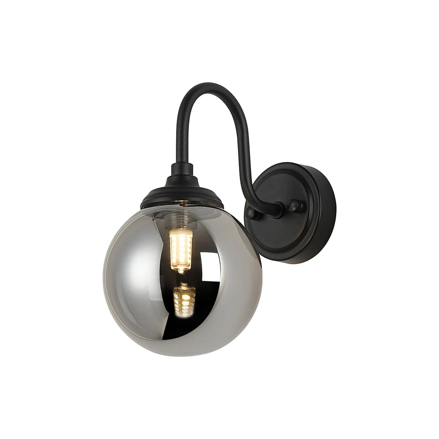 Bowles Curved Arm Wall Light 1 Light IP44 Satin Black/Smoke Smooth Round Glass