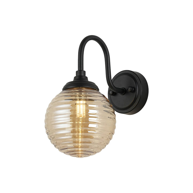 Bowles Curved Arm Wall Light 1 Light IP44 Satin Black/Amber Ribbed Round Glass