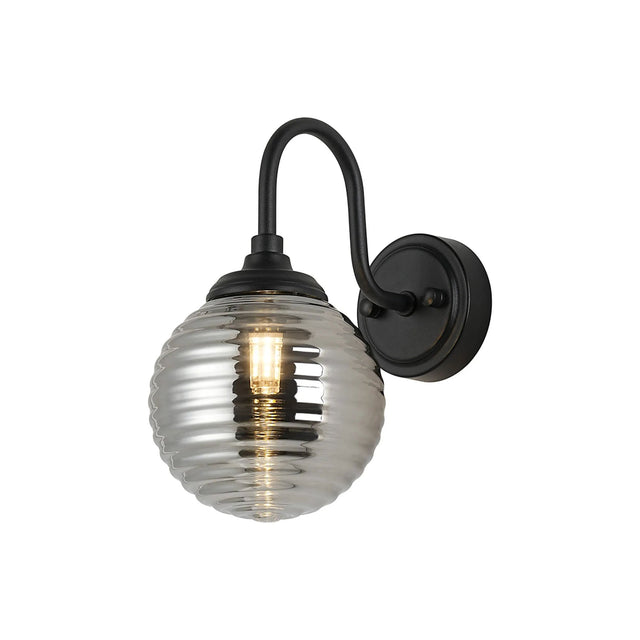 Bowles Curved Arm Wall Light 1 Light IP44 Satin Black/Smoke Ribbed Round Glass
