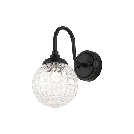 Bowles Curved Arm Wall Light 1 Light IP44 Satin Black/Clear Cross Pattern Round Glass