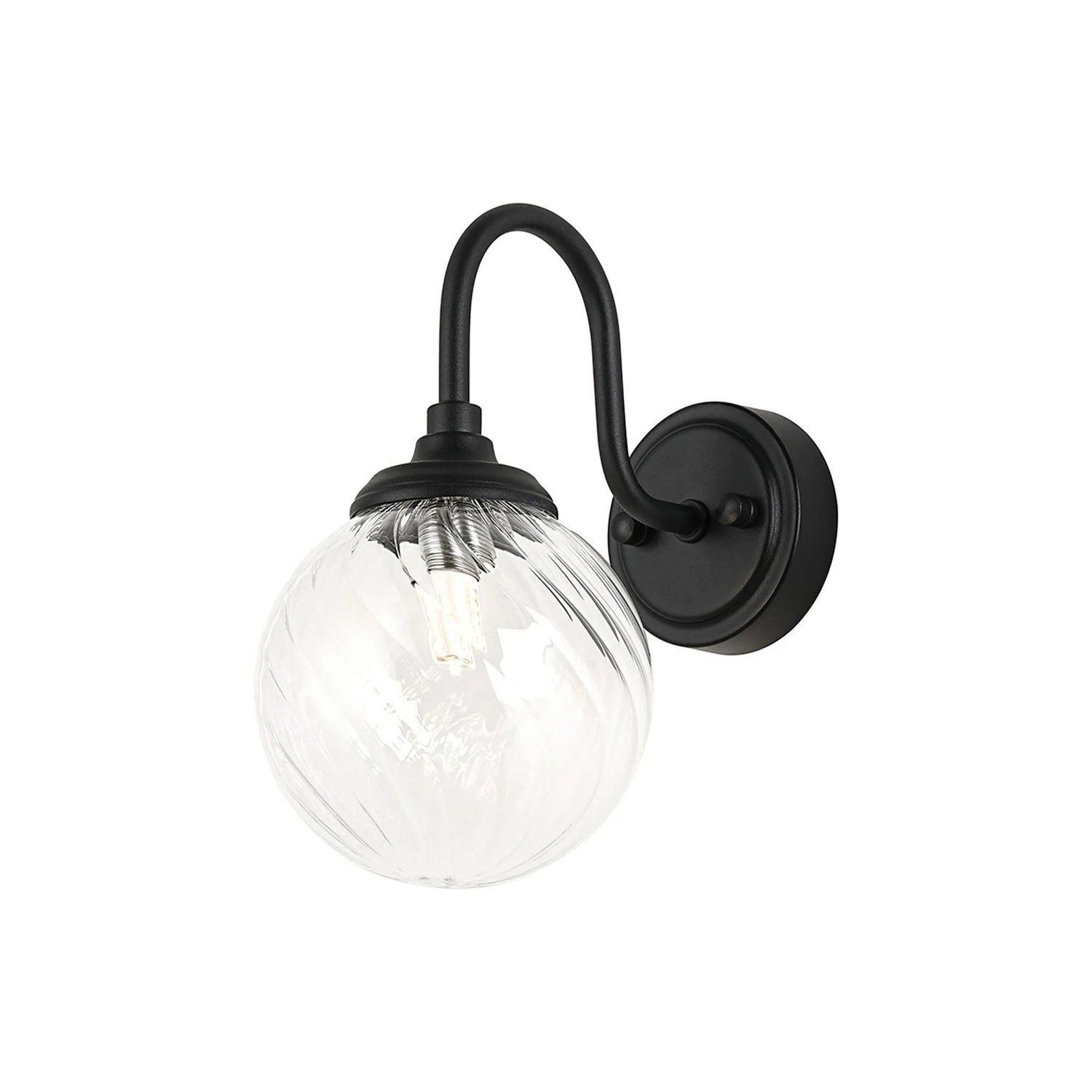 Bowles Curved Arm Wall Light 1 Light IP44 Satin Black/Clear Swirl Round Glass