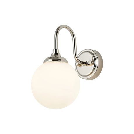 Bowles Curved Arm Wall Light 1 Light IP44 Polished Nickel/Opal Smooth Round Glass