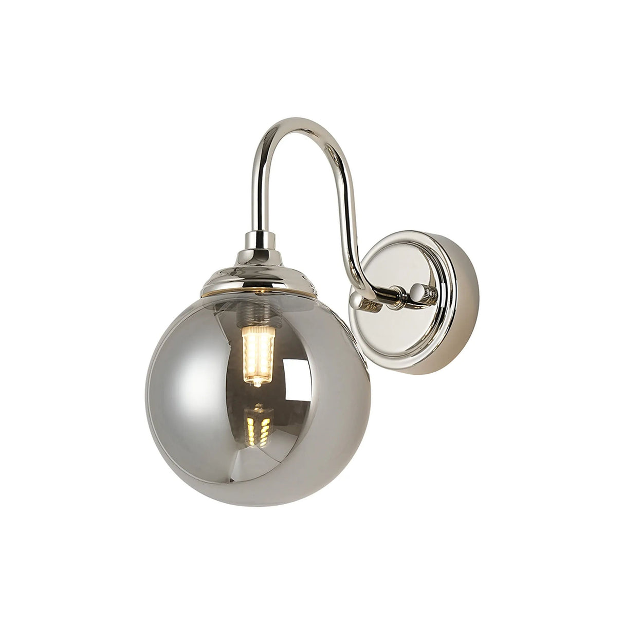 Bowles Curved Arm Wall Light 1 Light IP44 Polished Nickel/Smoke Smooth Round Glass