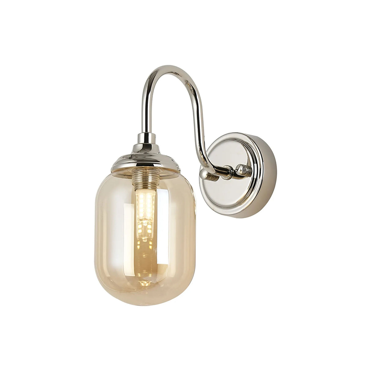 Bowles Curved Arm Wall Light 1 Light IP44 Polished Nickel/Amber Smooth Tubular Glass