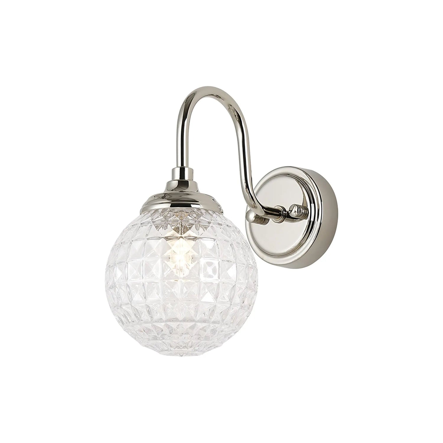 Bowles Curved Arm Wall Light 1 Light IP44 Polished Nickel/Clear Cross Pattern Round Glass