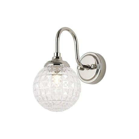 Bowles Curved Arm Wall Light 1 Light IP44 Polished Nickel/Clear Cross Pattern Round Glass