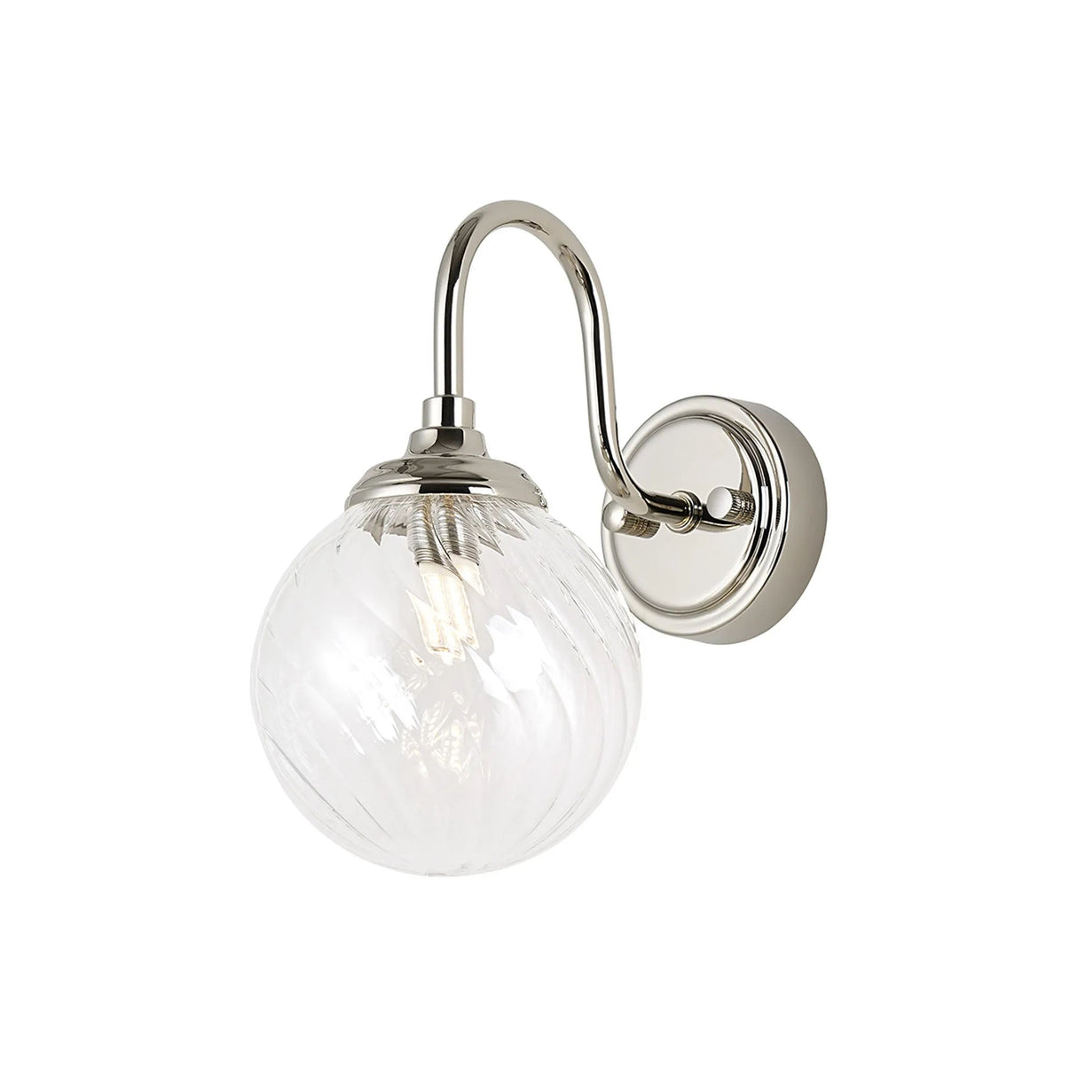 Bowles Curved Arm Wall Light 1 Light IP44 Polished Nickel/Clear Swirl Round Glass