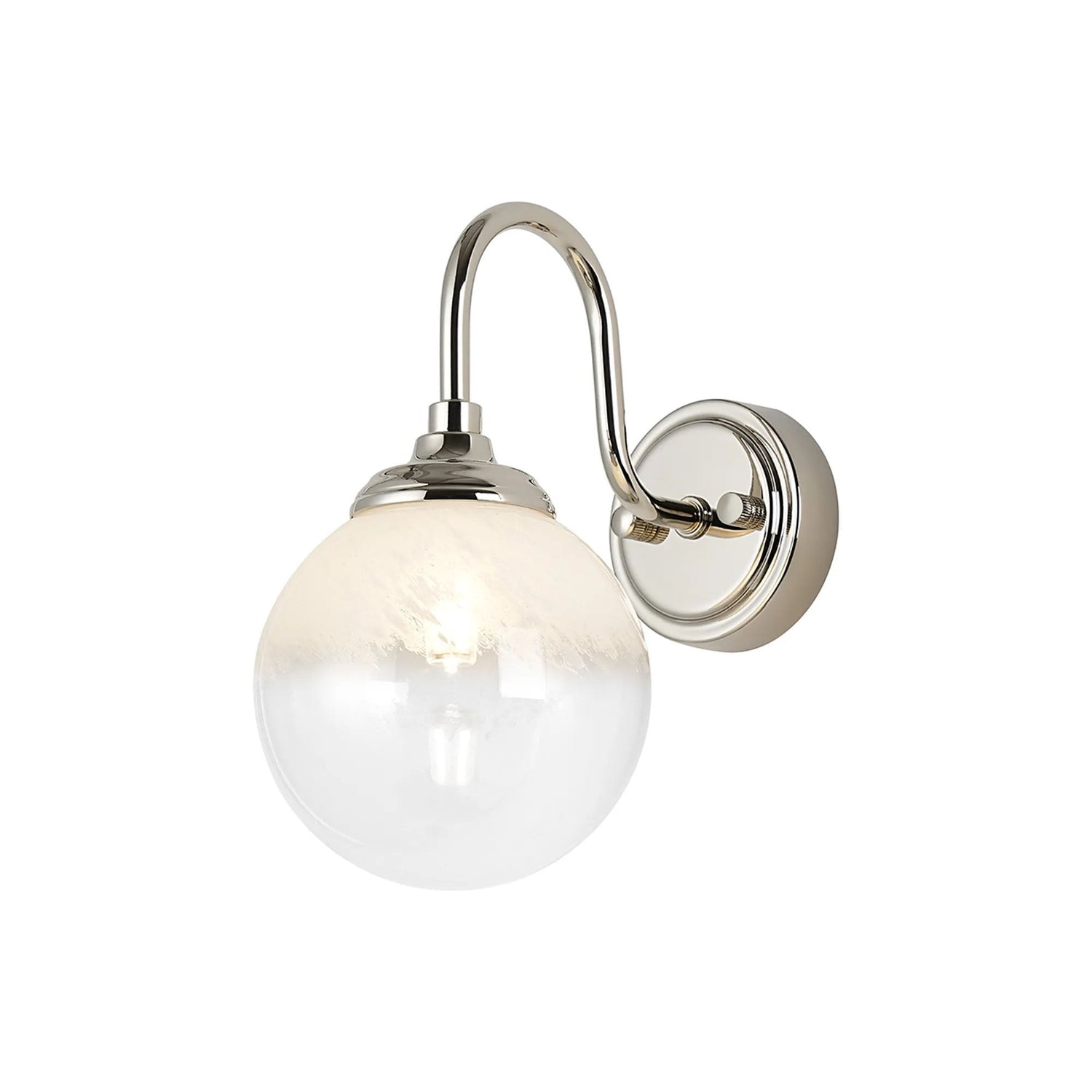 Bowles Curved Arm Wall Light 1 Light IP44 Polished Nickel/White Two-Tone Snow Specks Round Glass