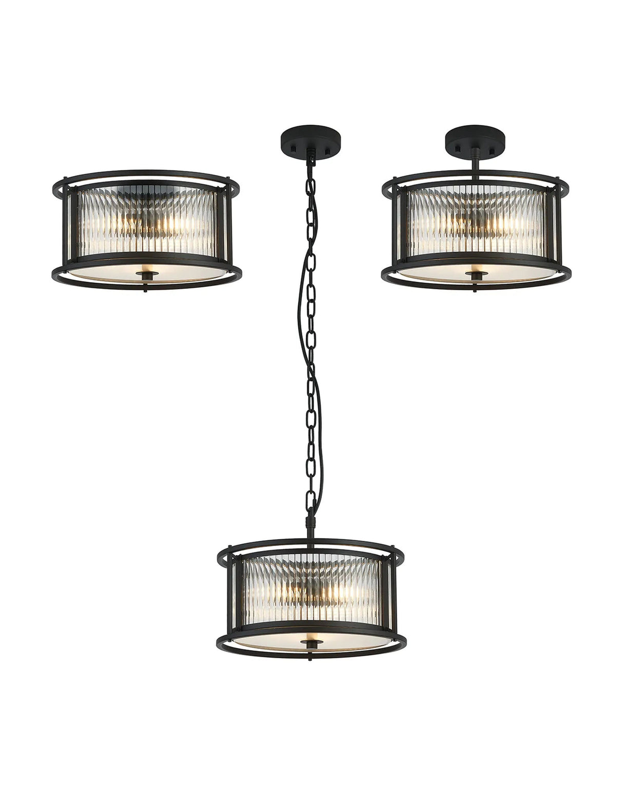 Brooking 35cm Round Flush/Semi Ceiling/Pendant Convertible, 3 x E14, Black/Clear Glass
