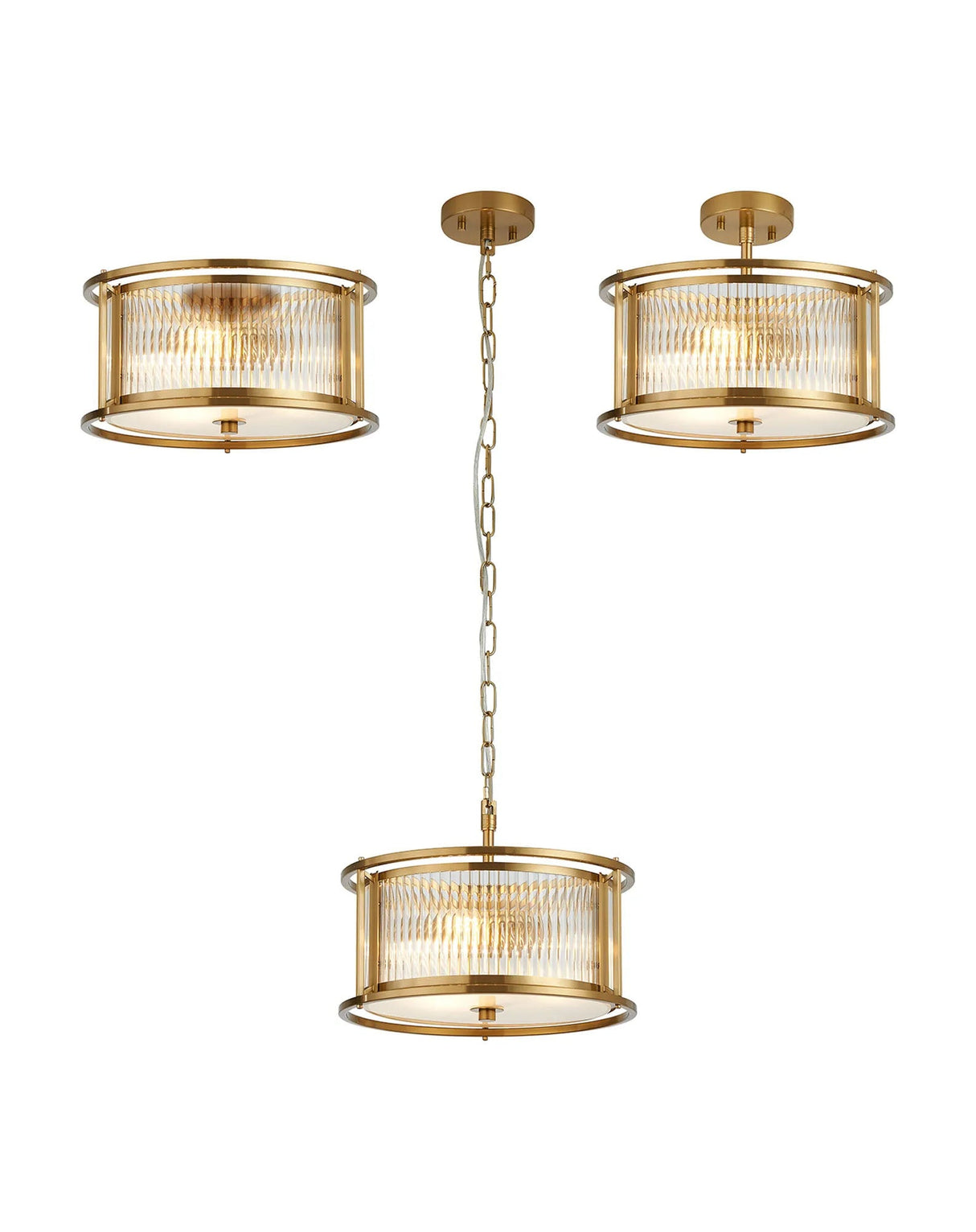Brooking 35cm Round Flush/Semi Ceiling/Pendant Convertible, 3 x E14, Brass/Clear Glass