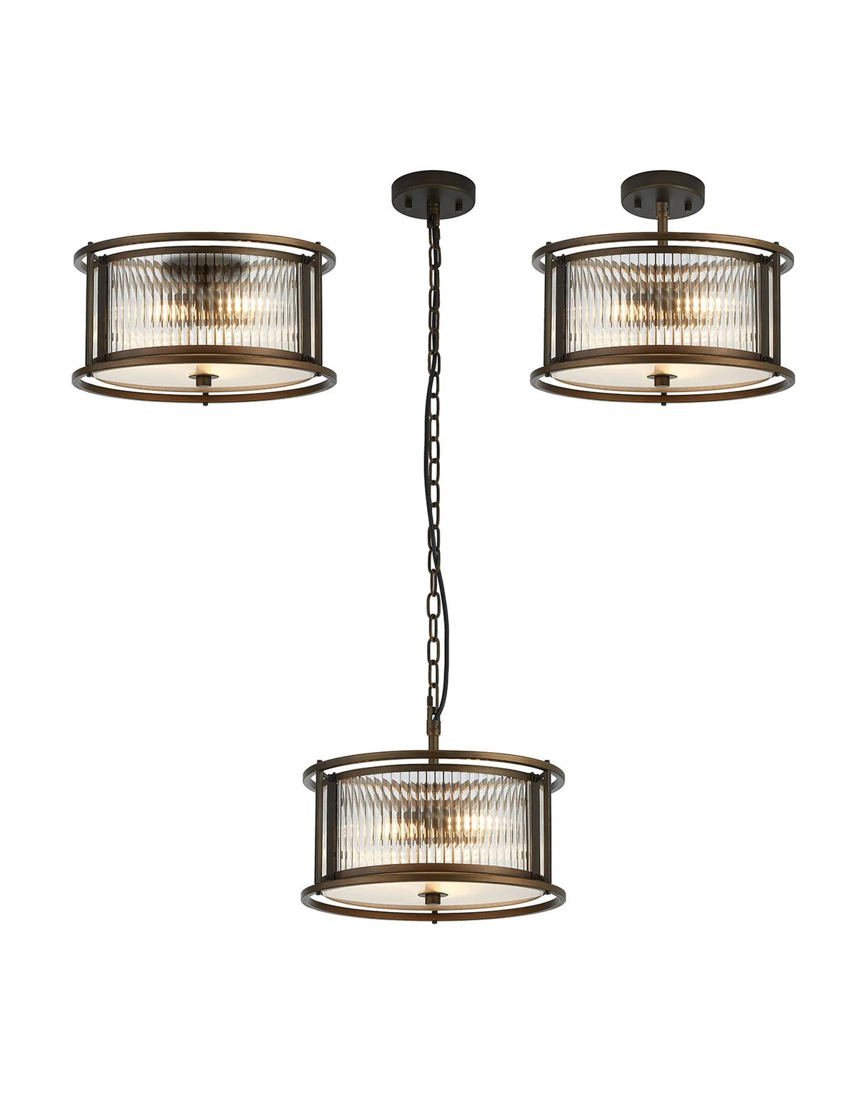 Brooking 35cm Round Flush/Semi Ceiling/Pendant Convertible, 3 x E14, Bronze/Clear Glass