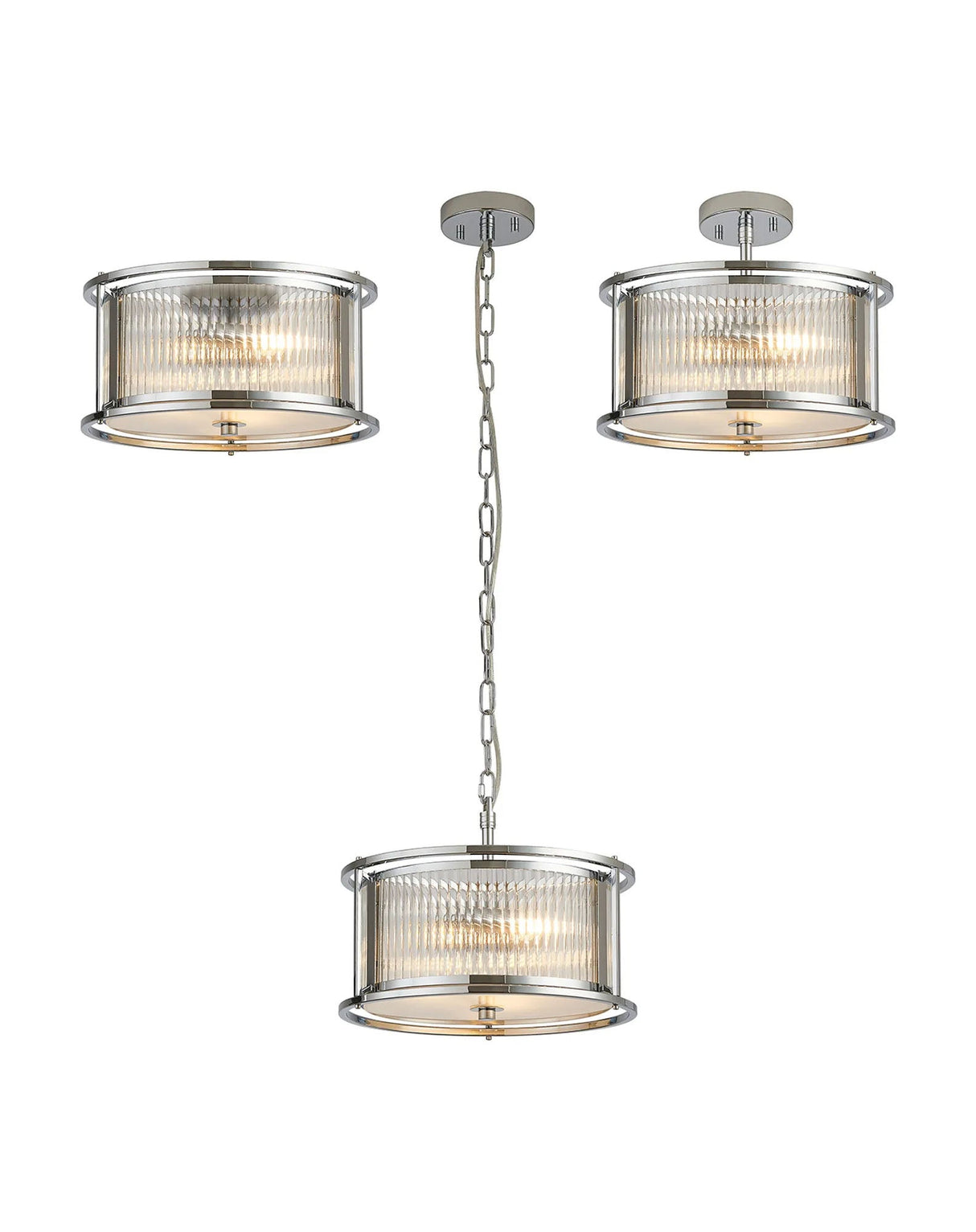 Brooking 35cm Round Flush/Semi Ceiling/Pendant Convertible, 3 x E14, Polished Chrome/Clear Glass