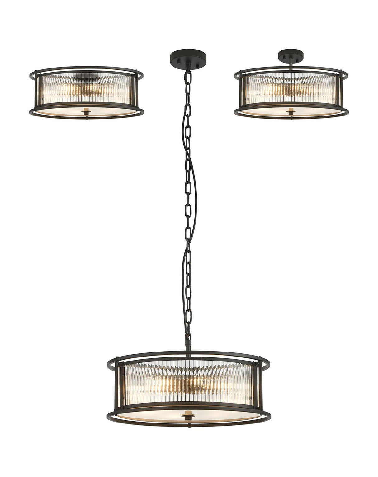 Brooking 50cm Round Flush/Semi Ceiling/Pendant Convertible, 6 x E14, Black/Clear Glass