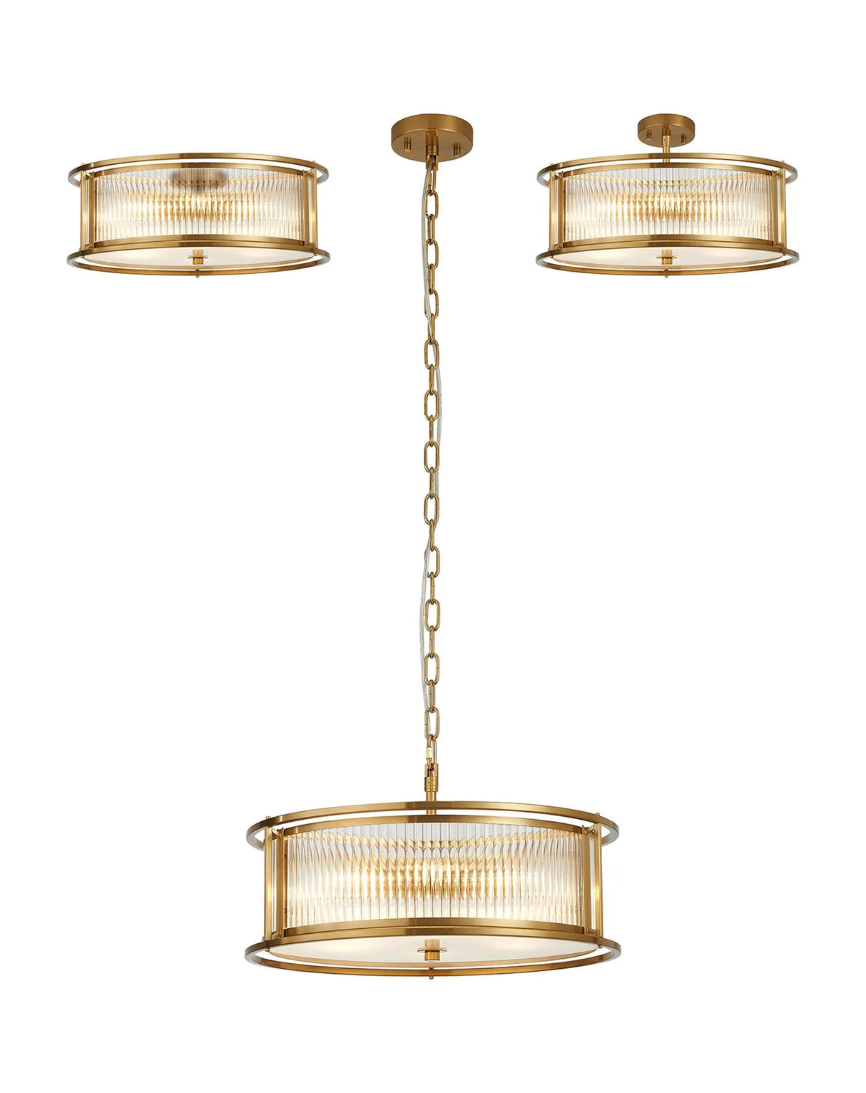 Brooking 50cm Round Flush/Semi Ceiling/Pendant Convertible, 6 x E14, Brass/Clear Glass