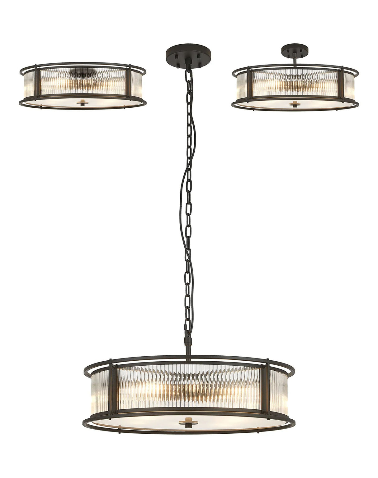 Brooking 65cm Round Flush/Semi Ceiling/Pendant Convertible, 8 x E14, Black/Clear Glass