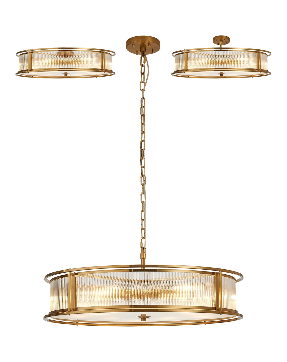 Brooking 80cm Round Flush/Semi Ceiling/Pendant Convertible, 10 x E14, Brass/Clear Glass