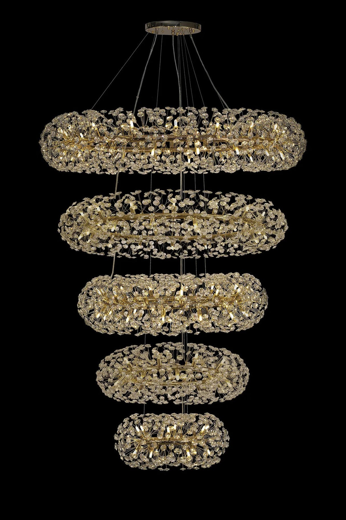 Byrne 5 Tier 60cm + 80cm + 100cm + 120cm + 140cm Pendant, 12 + 20 + 26 + 30 + 36 Light G9 French Gold/Crystal