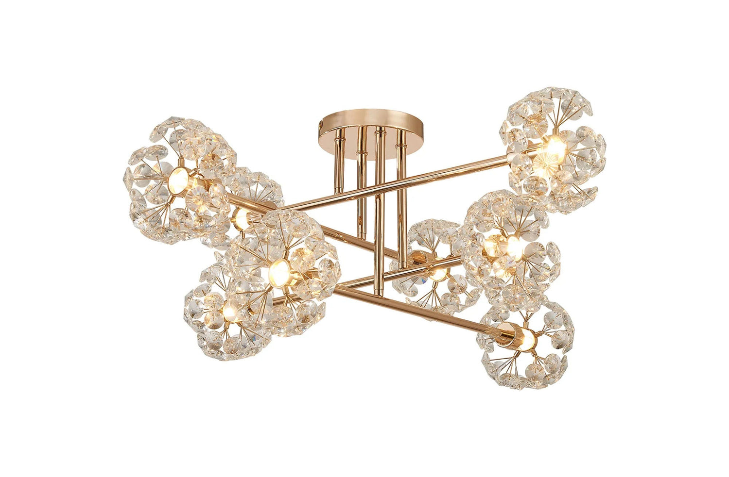 Byrne French Gold 8 x G9 Crossed Arm Semi Flush Light French Gold & Crystal Shade