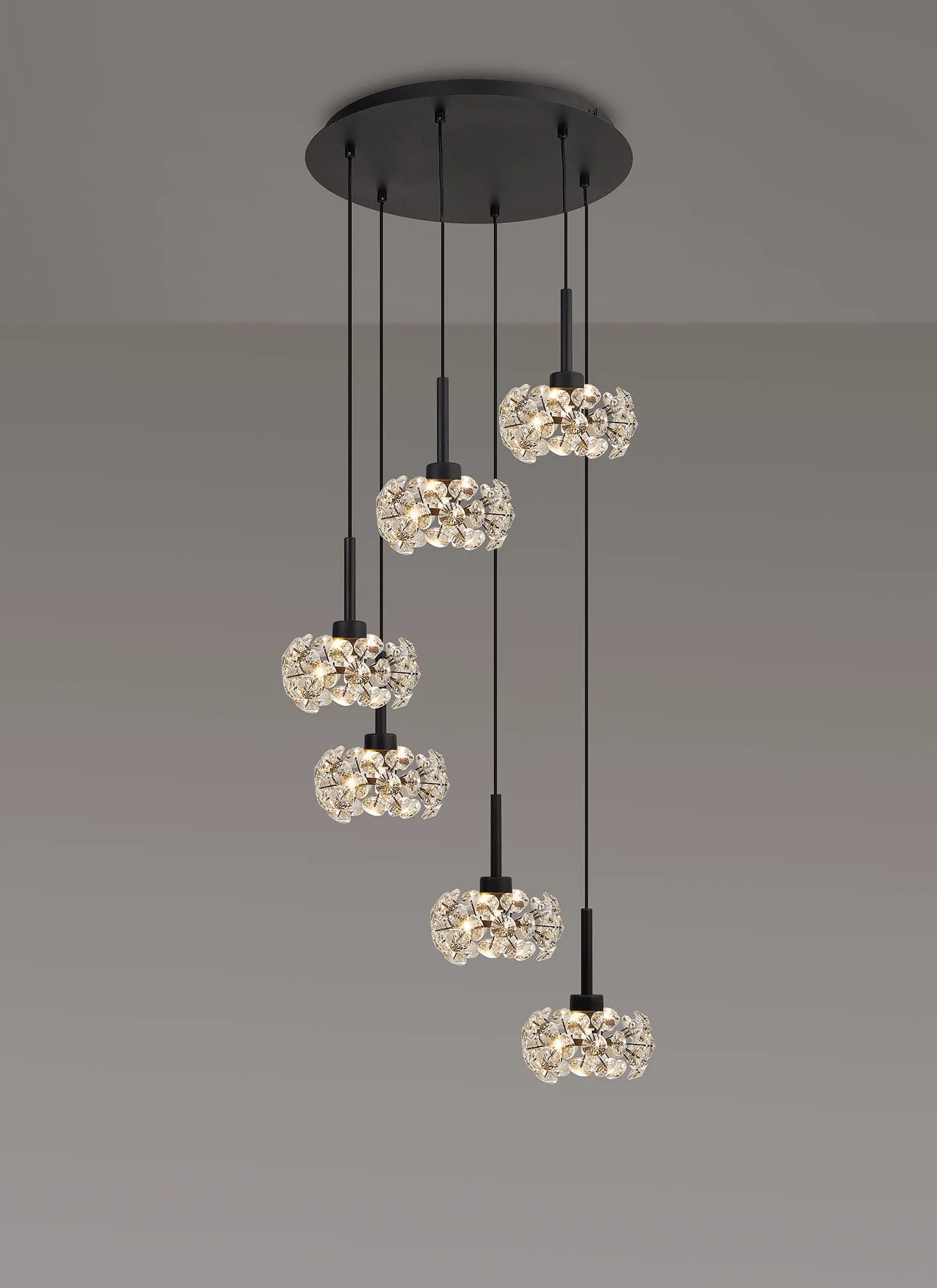 Byrne 6 x G9 2.5m Round Multiple Pendant With Satin Black/Crystal Shade