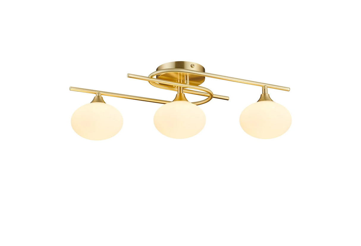 Cherry Flush Ceiling, 3 x G9, IP44, Satin Brass/Opal Glass