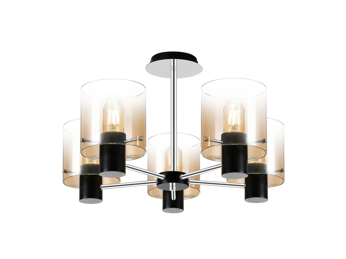 Chisholm Semi Flush Light, 5 x E27, Black/Amber Fade Glass