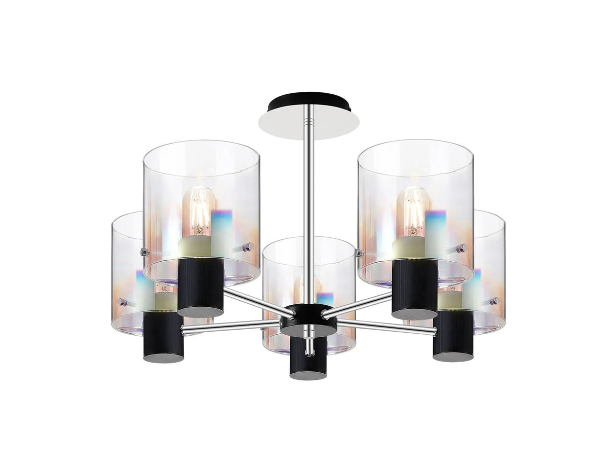 Chisholm Semi Flush Light, 5 x E27, Black/Iridescent Fade Glass