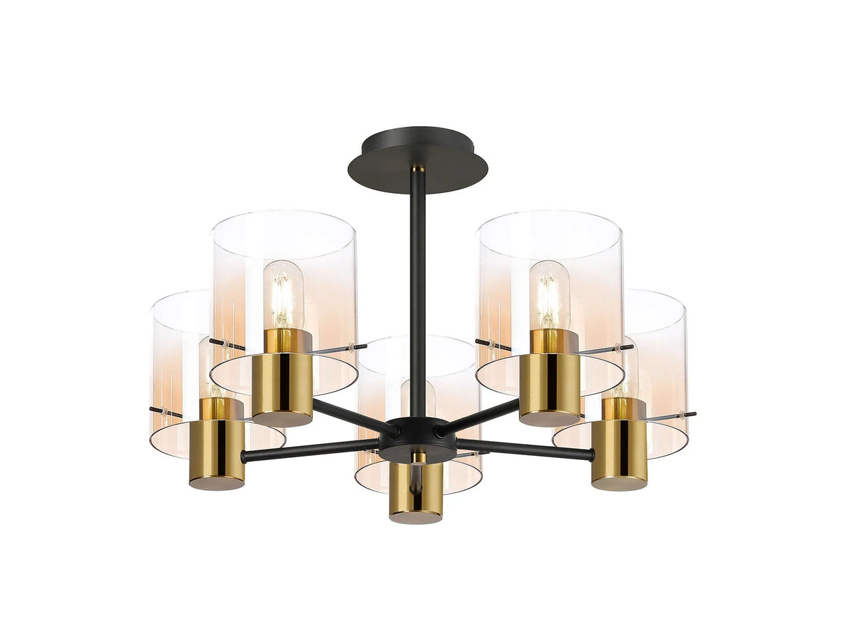 Chisholm 60cm Semi Flush Light, 5 x E27, Brass/Sand Black/Amber Fade Glass