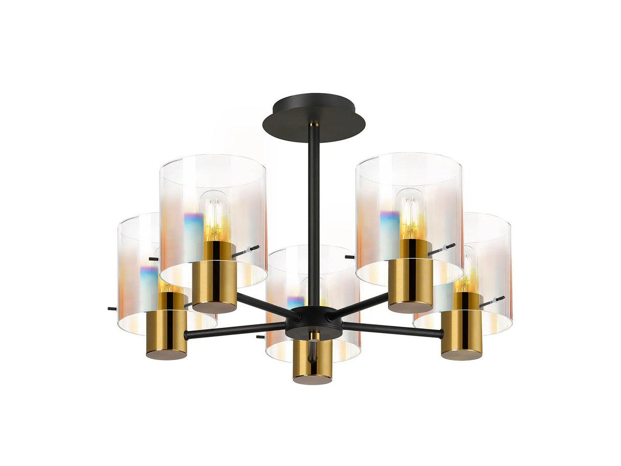 Chisholm 60cm Semi Flush Light, 5 x E27, Brass/Sand Black/Iridescent Fade Glass