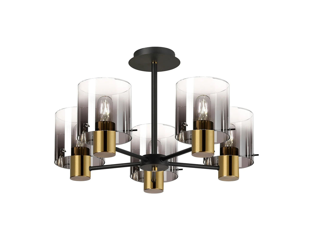 Chisholm 60cm Semi Flush Light, 5 x E27, Brass/Sand Black/Smoke Fade Glass