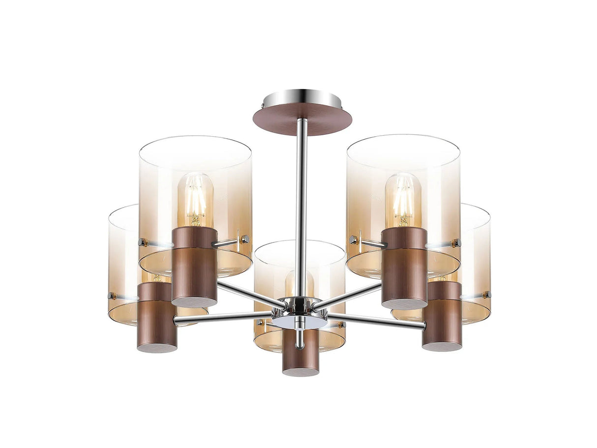 Chisholm Semi Flush Light, 5 x E27, Mocha/Amber Fade Glass