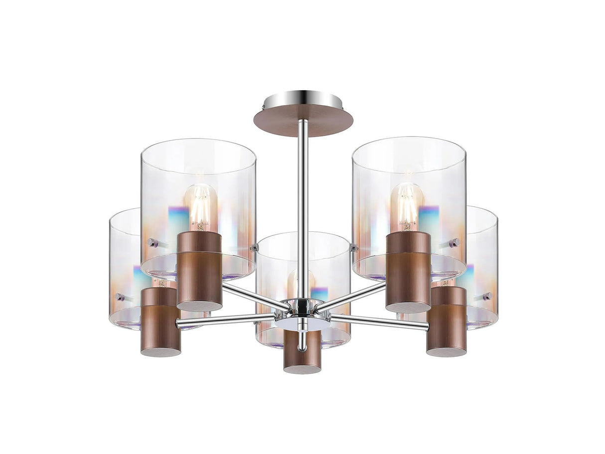 Chisholm Semi Flush Light, 5 x E27, Mocha/Iridescent Fade Glass