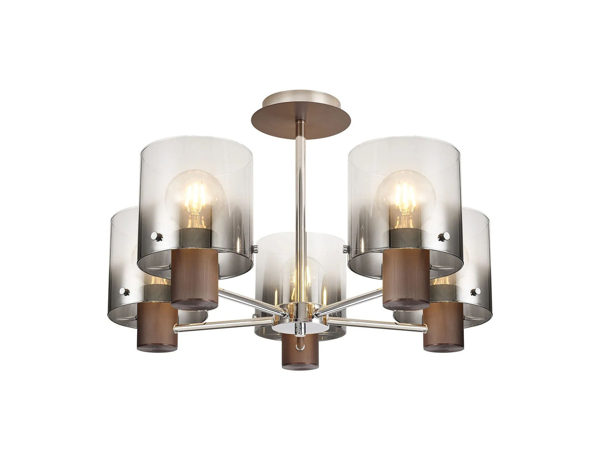 Chisholm Semi Flush Light, 5 x E27, Mocha/Smoke Fade Glass
