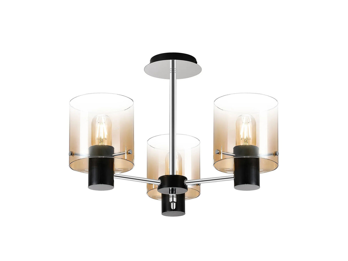 Chisholm Semi Flush Light, 3 x E27, Black/Amber Fade Glass