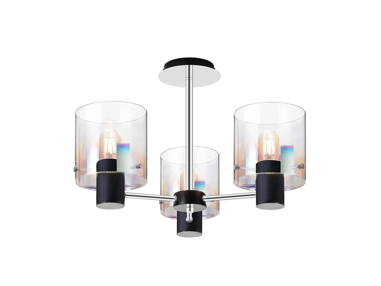 Chisholm Semi Flush Light, 3 x E27, Black/Iridescent Fade Glass