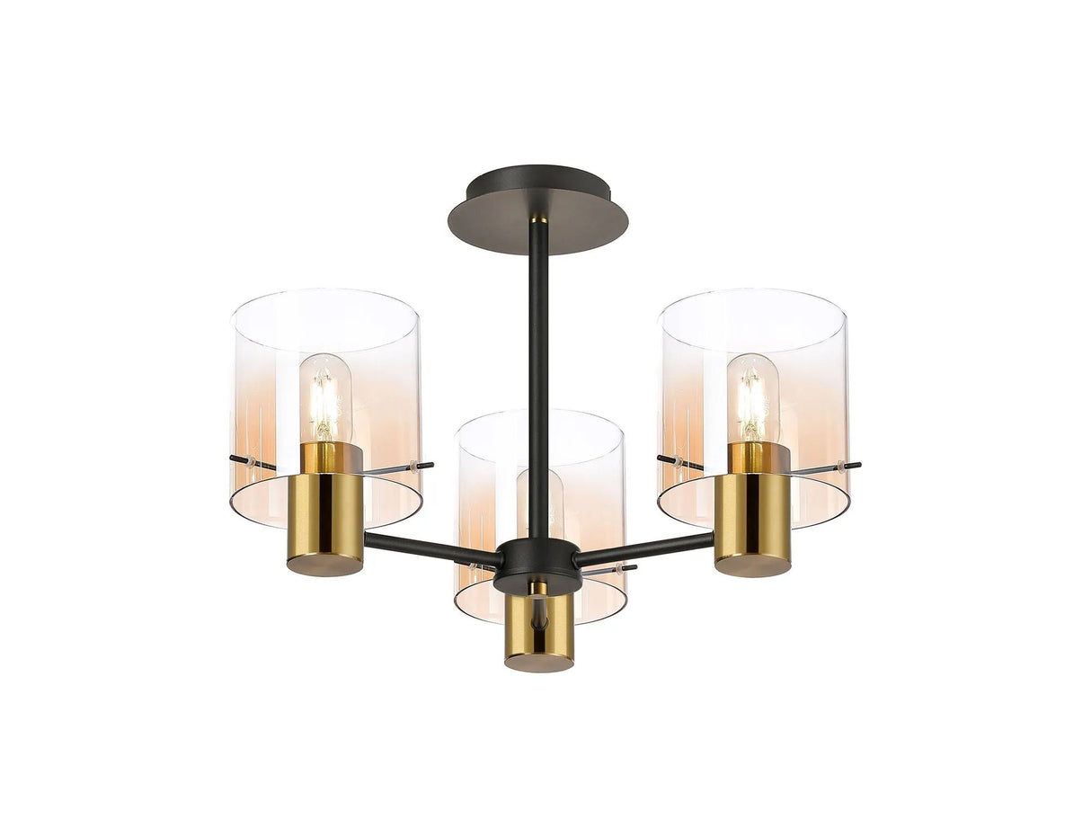 Chisholm 54cm Semi Flush Light, 3 x E27, Brass/Sand Black/Amber Fade Glass