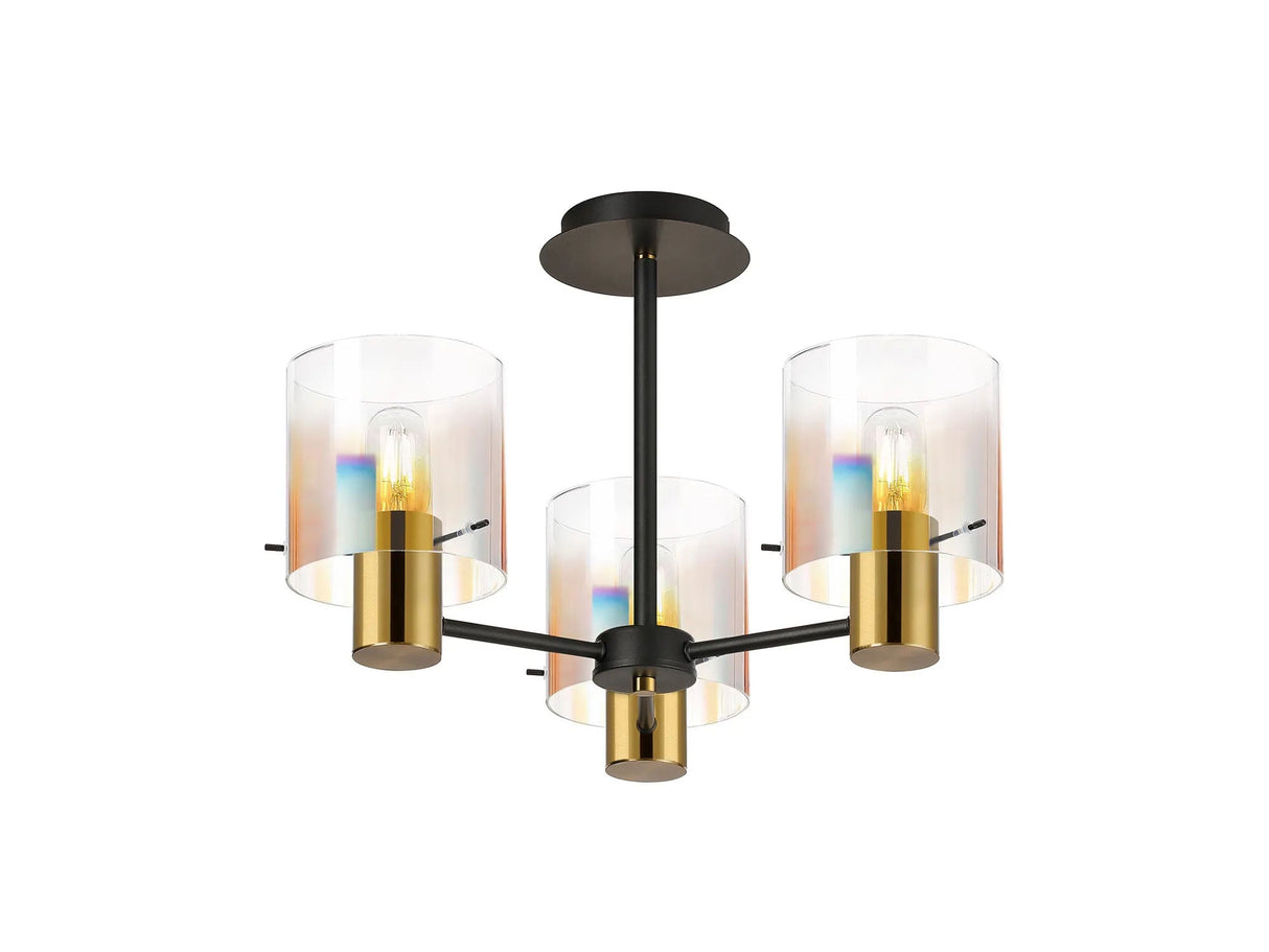 Chisholm 54cm Semi Flush Light, 3 x E27, Brass/Sand Black/Iridescent Fade Glass