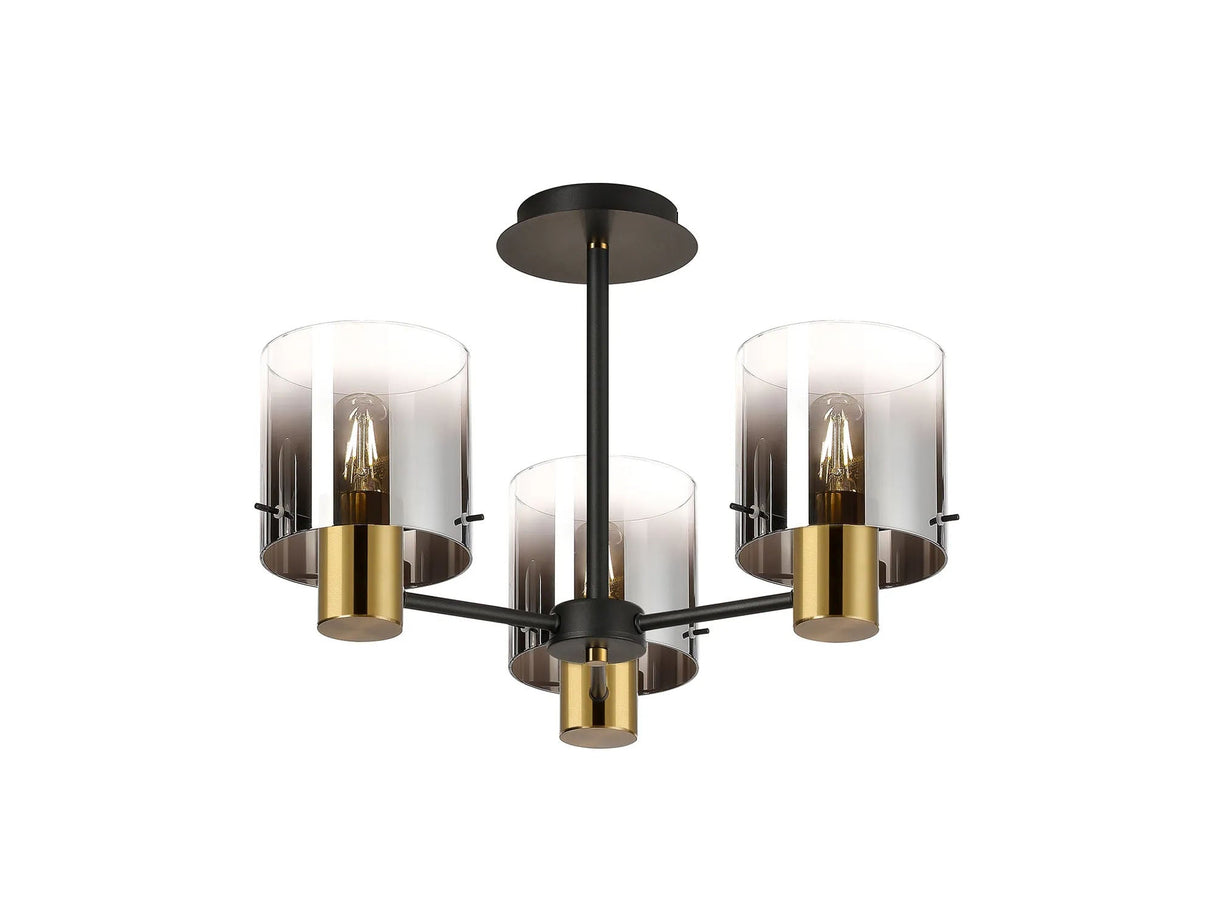 Chisholm 54cm Semi Flush Light, 3 x E27, Brass/Sand Black/Smoke Fade Glass