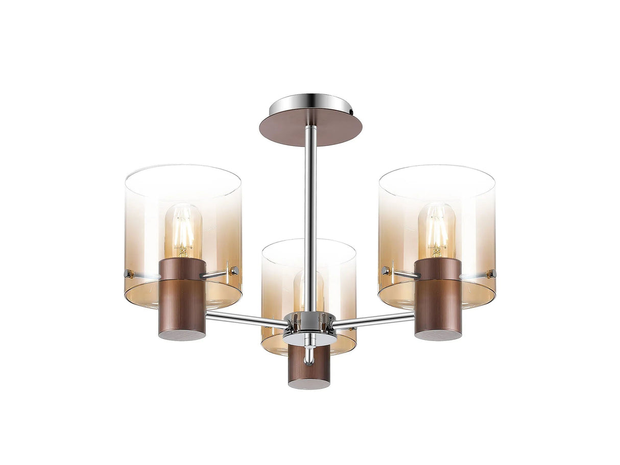 Chisholm Semi Flush Light, 3 x E27, Mocha/Amber Fade Glass