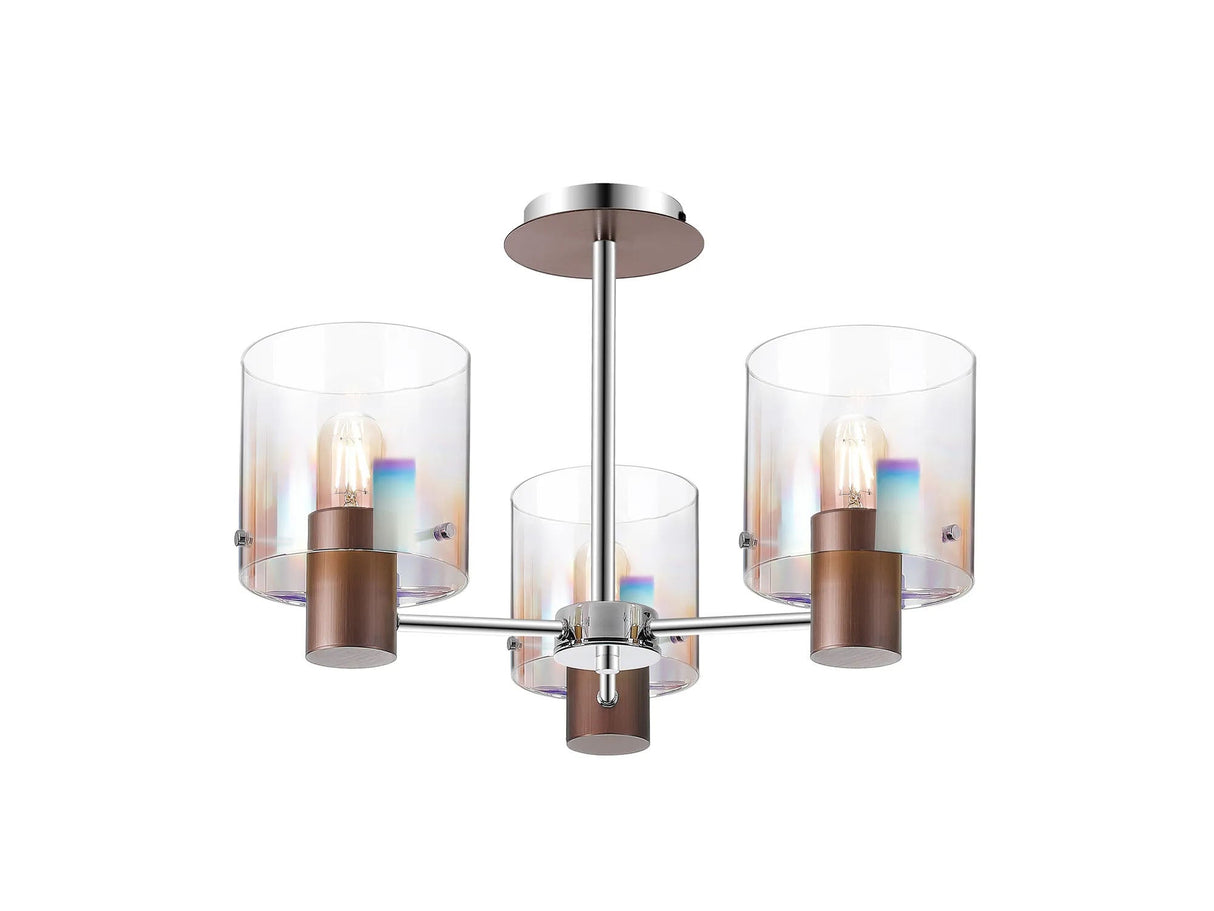 Chisholm Semi Flush Light, 3 x E27, Mocha/Iridescent Fade Glass