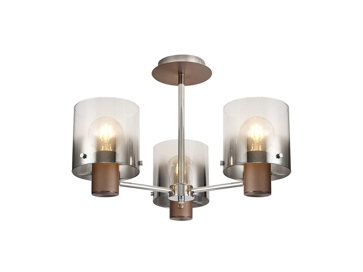 Chisholm Semi Flush Light, 3 x E27, Mocha/Smoke Fade Glass