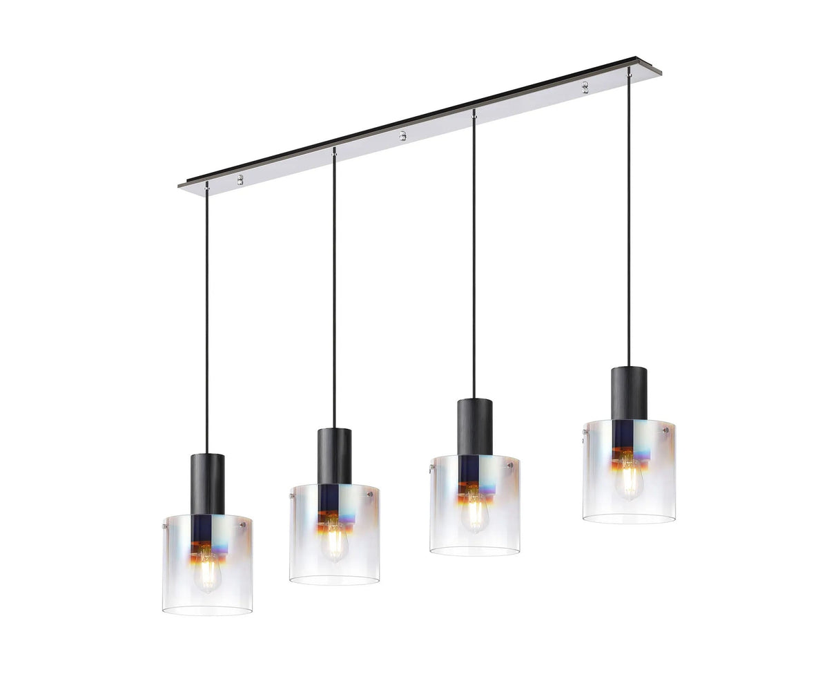 Chisholm Linear Pendant, 4 Light Adjustable E27, Black/Polished Chrome/Iridescent Fade Glass