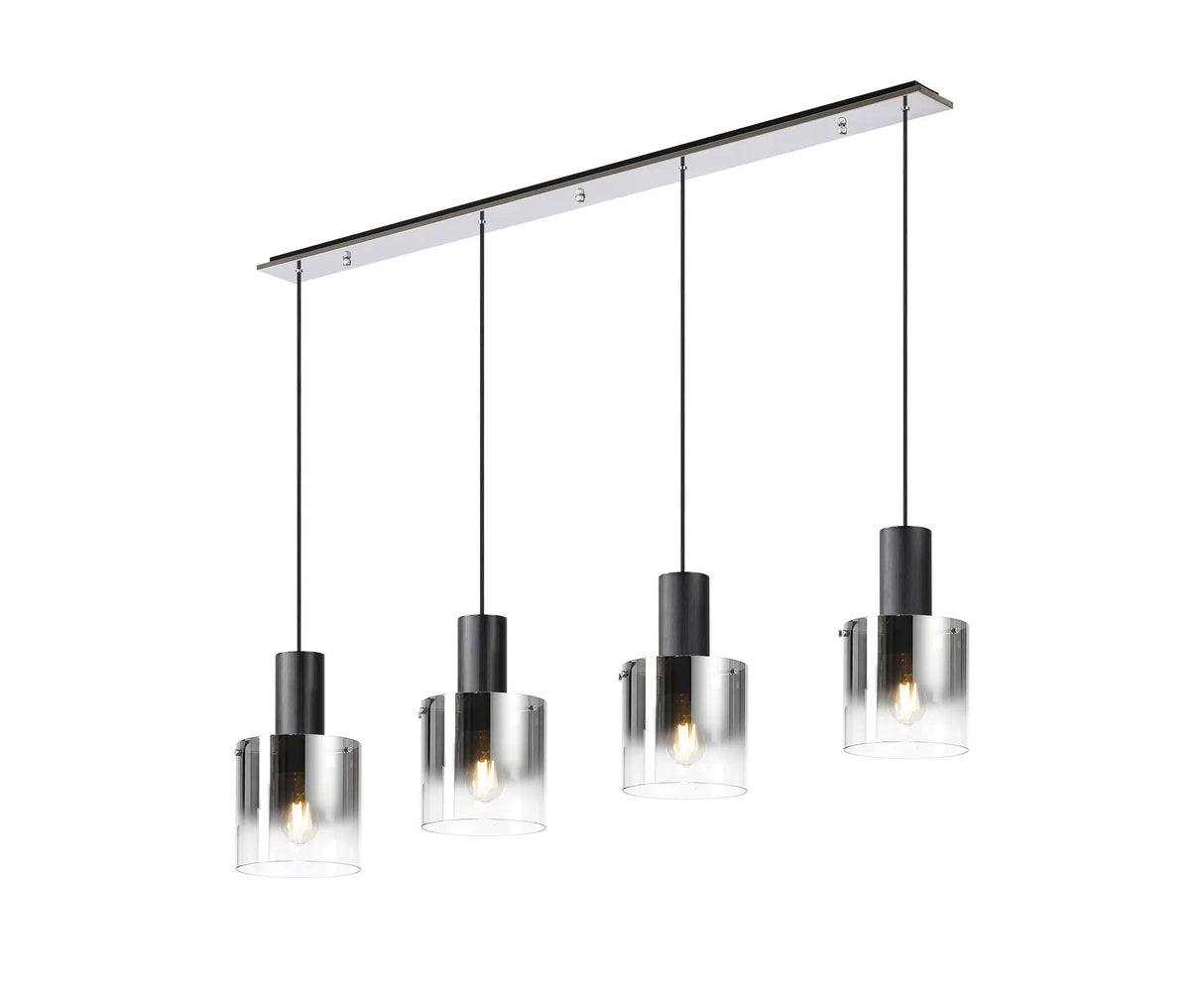 Chisholm Linear Pendant, 4 Light Adjustable E27, Black/Polished Chrome/Smoke Fade Glass