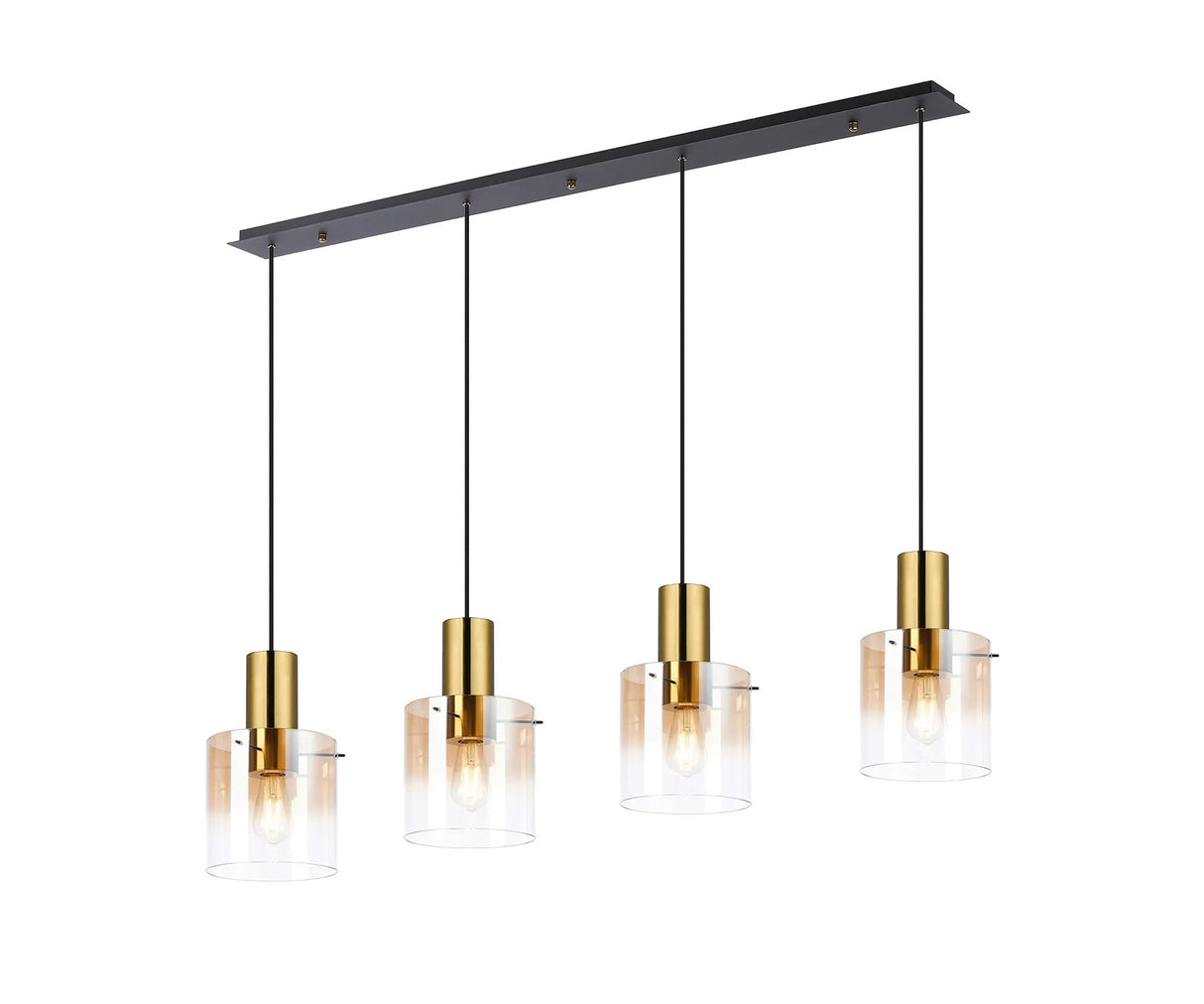 Chisholm Linear Pendant, 4 Light Adjustable E27, Brass/Sand Black/Polished Chrome/Amber Fade Glass