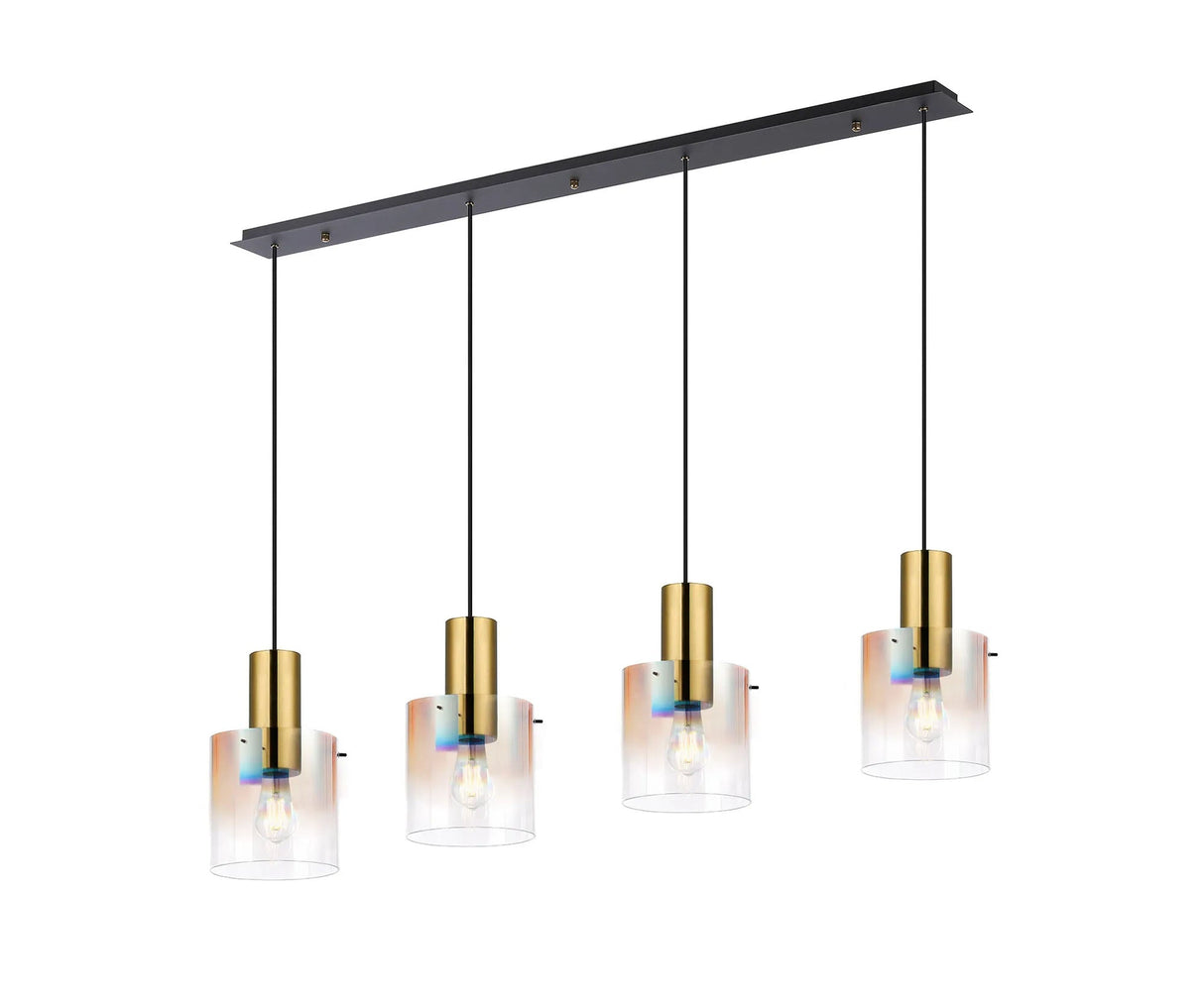 Chisholm Linear Pendant, 4 Light Adjustable E27, Brass/Sand Black/Polished Chrome/Iridescent Fade Glass