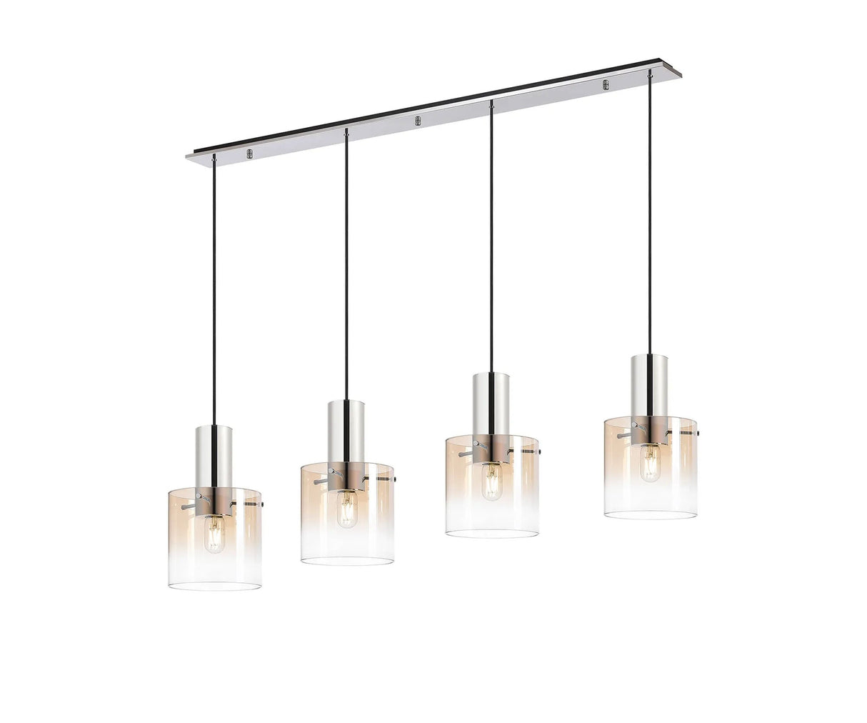Chisholm Linear Pendant, 4 Light Adjustable E27, Polished Nickel/Black/Amber Fade Glass